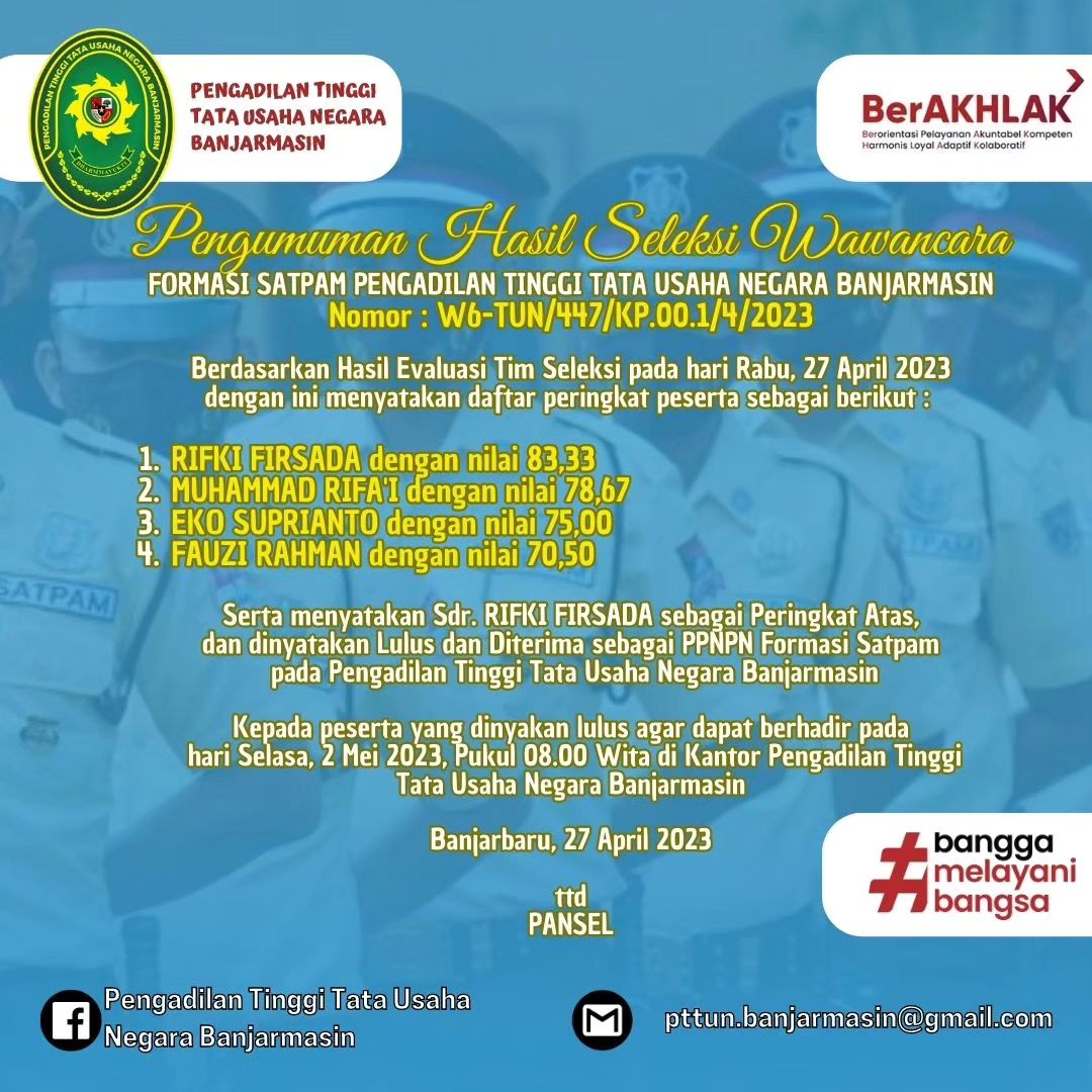 Pengumuman Hasil Akhir PPNPN Formasi Satpam Pada PT TUN Banjarmasin